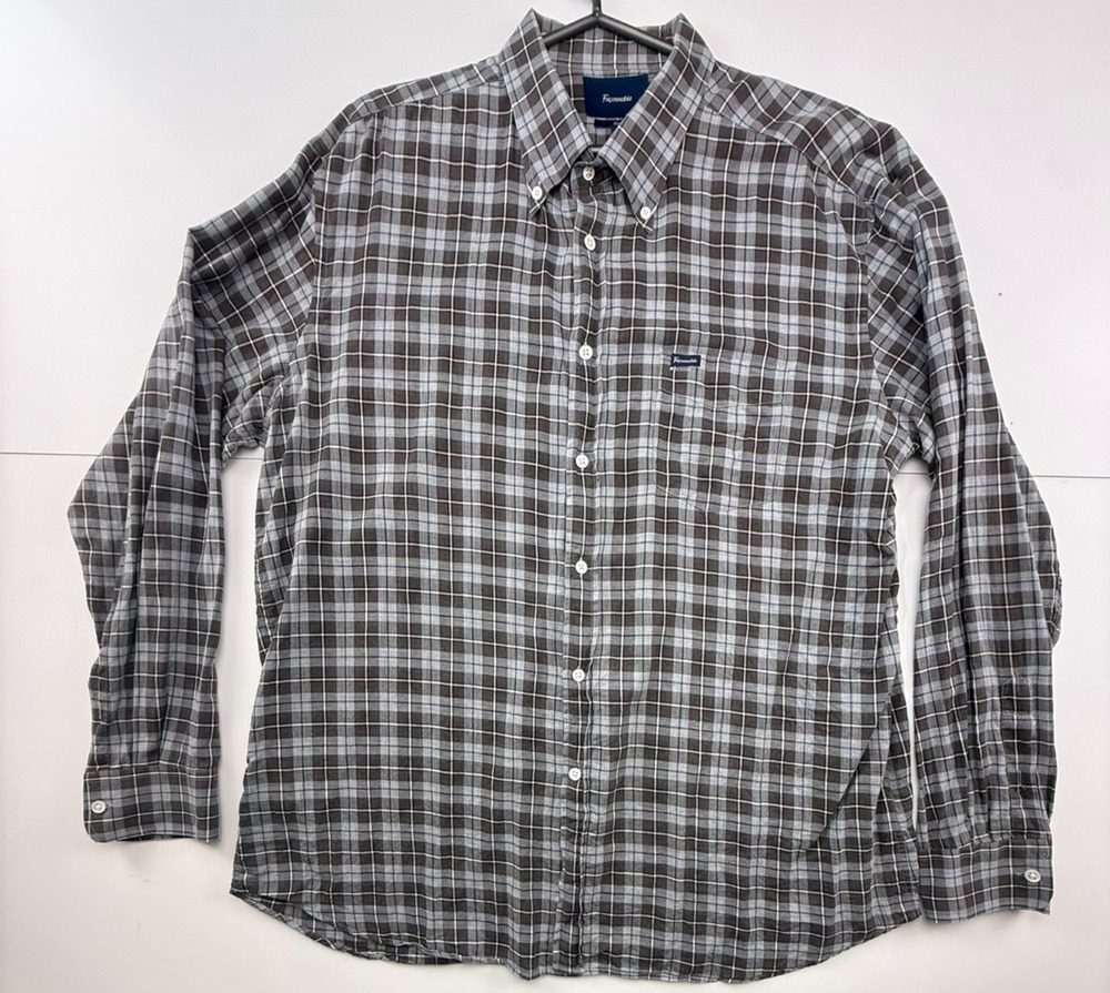 Façonnable Club Men's Plaid Button Down Shirt Size XXL 100% Cotton Brown Gray